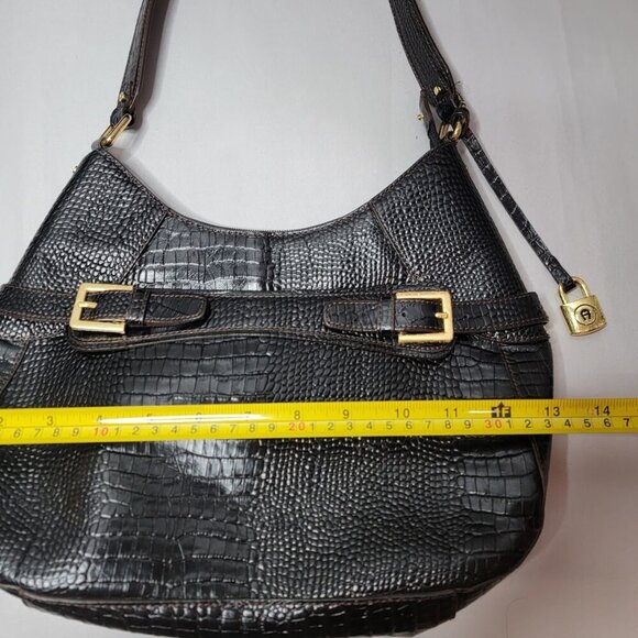 Vintage Etienne Aigner Black Embossed Leather Hobo Bag | Gold Buckle Accents - Picture 10 of 11